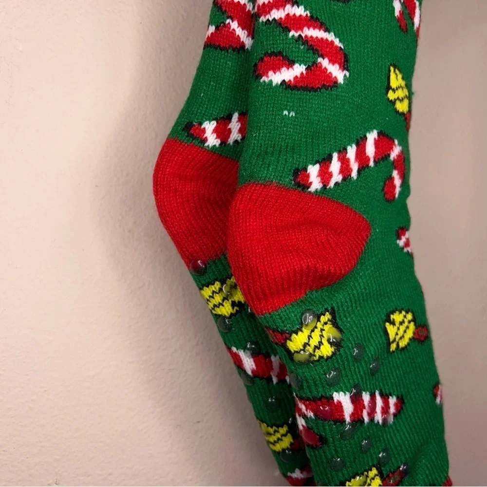 New Holiday Christmas Socks Womens One Size Faux Sherpa Lining Green Bell Candy